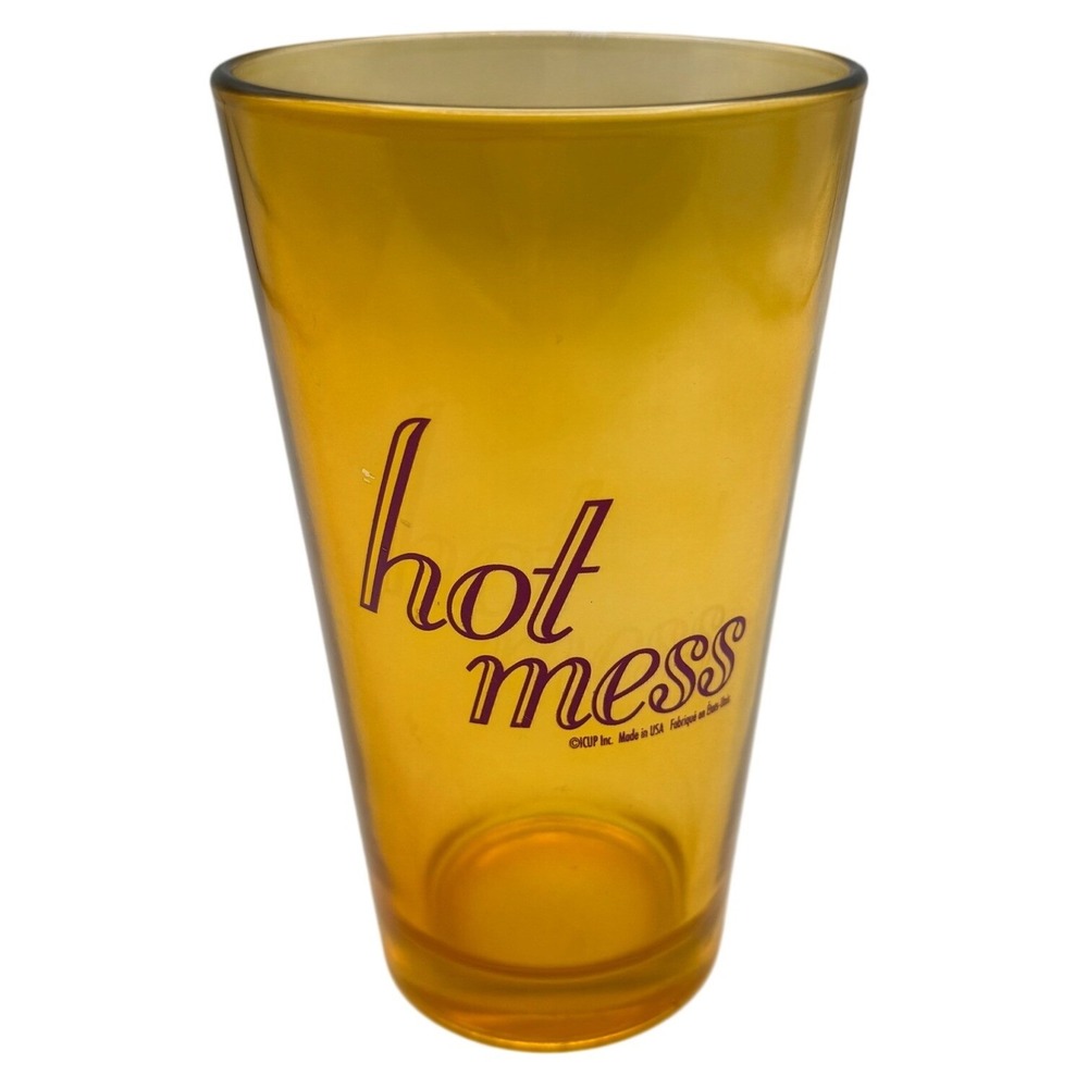 Hot Mess Amber Glass Pint Drinkware iCUP Made in USA Yellow Purple Graphic